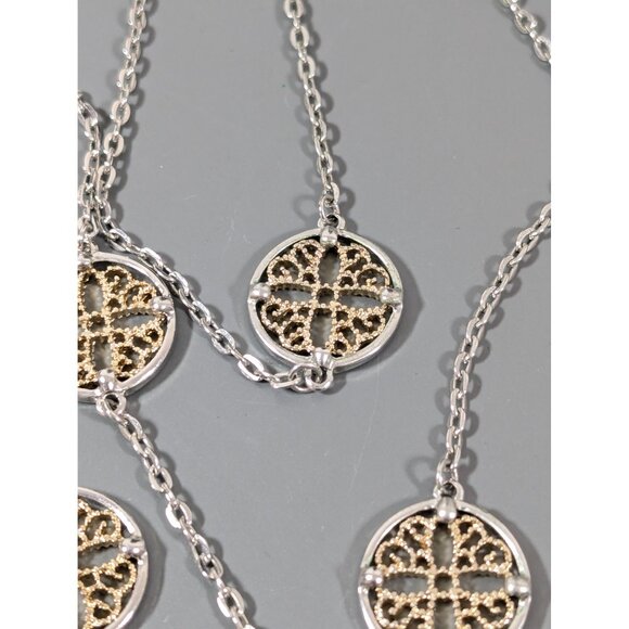 Elegant Two Tone Floral Medallion Station Chain Long Layering Necklace 40" - Picture 5 of 7